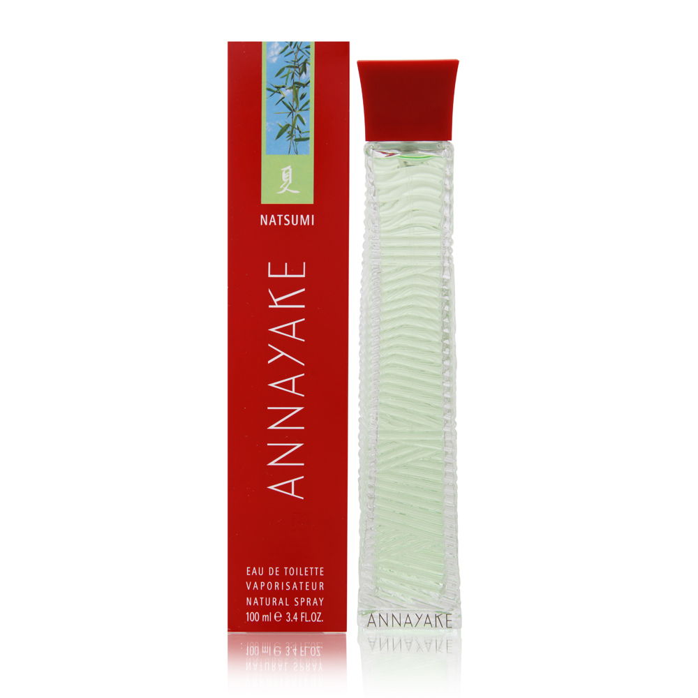 Green glass bottle with a textured design and a red cap, accompanied by a red and white box labeled "Annayake Natsumi," containing 3.4 oz of women's Eau de Toilette spray.