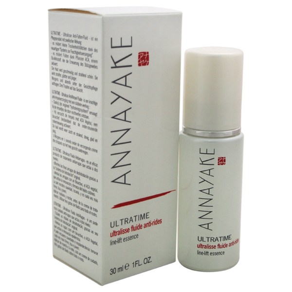 Annayake Ultratime Line-Lift Essence Serum in a sleek white bottle with a silver cap, accompanied by a matching white box featuring red and black text, 30ml size.