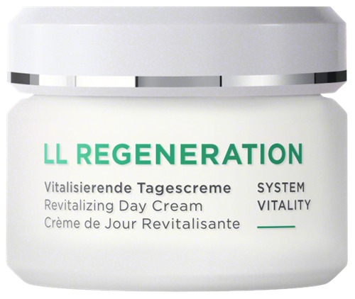 White jar with a silver lid, labeled "LL REGENERATION" in green text, containing revitalizing day cream, 50ml/1.69oz, from Annemarie Borlind.