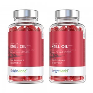 Clear plastic bottle containing red softgel capsules labeled "Antarctic Krill Oil - 1200mg" with a white cap, featuring branding by WeightWorld.
