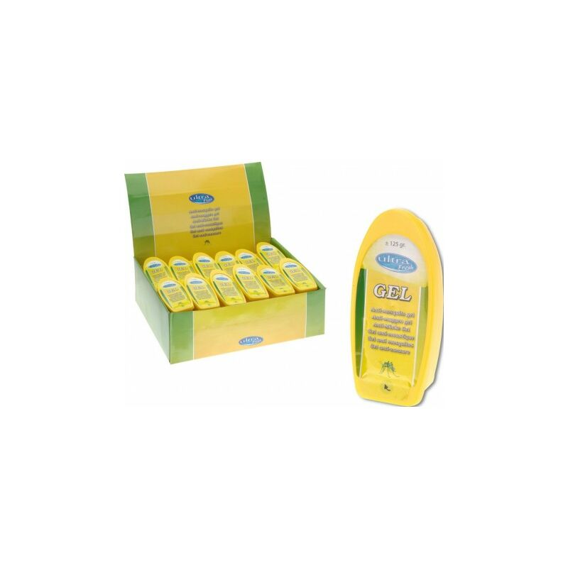 Yellow gel container with a curved shape, labeled "Gel Anti-moustique Citronnelle 125 Gr" by Ultra Fresh, displayed in a green and yellow box with multiple units.