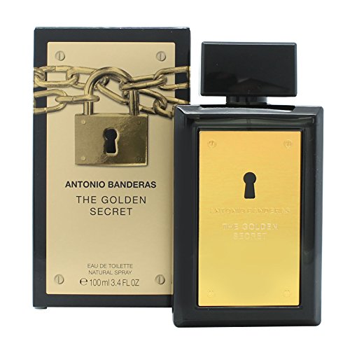 Black rectangular bottle with a gold label and a lock design, housed in a matching box featuring a gold chain motif, labeled "Antonio Banderas The Golden Secret EDT 100 ml."