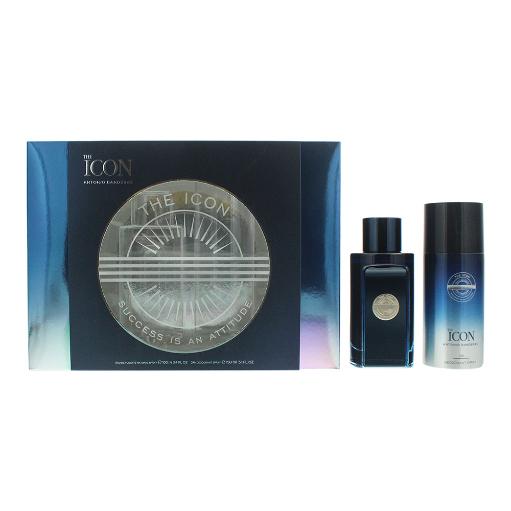 Gift set featuring a 100ml dark blue EDT bottle and a 150ml deodorant spray, presented in a sleek black box with a metallic logo and the phrase "Success is an Attitude."