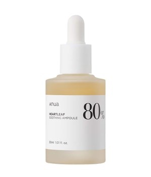 Clear glass dropper bottle containing a light yellow liquid, labeled "80% Heartleaf Soothing Ampoule" by ANUA, with a white cap and minimalist design.