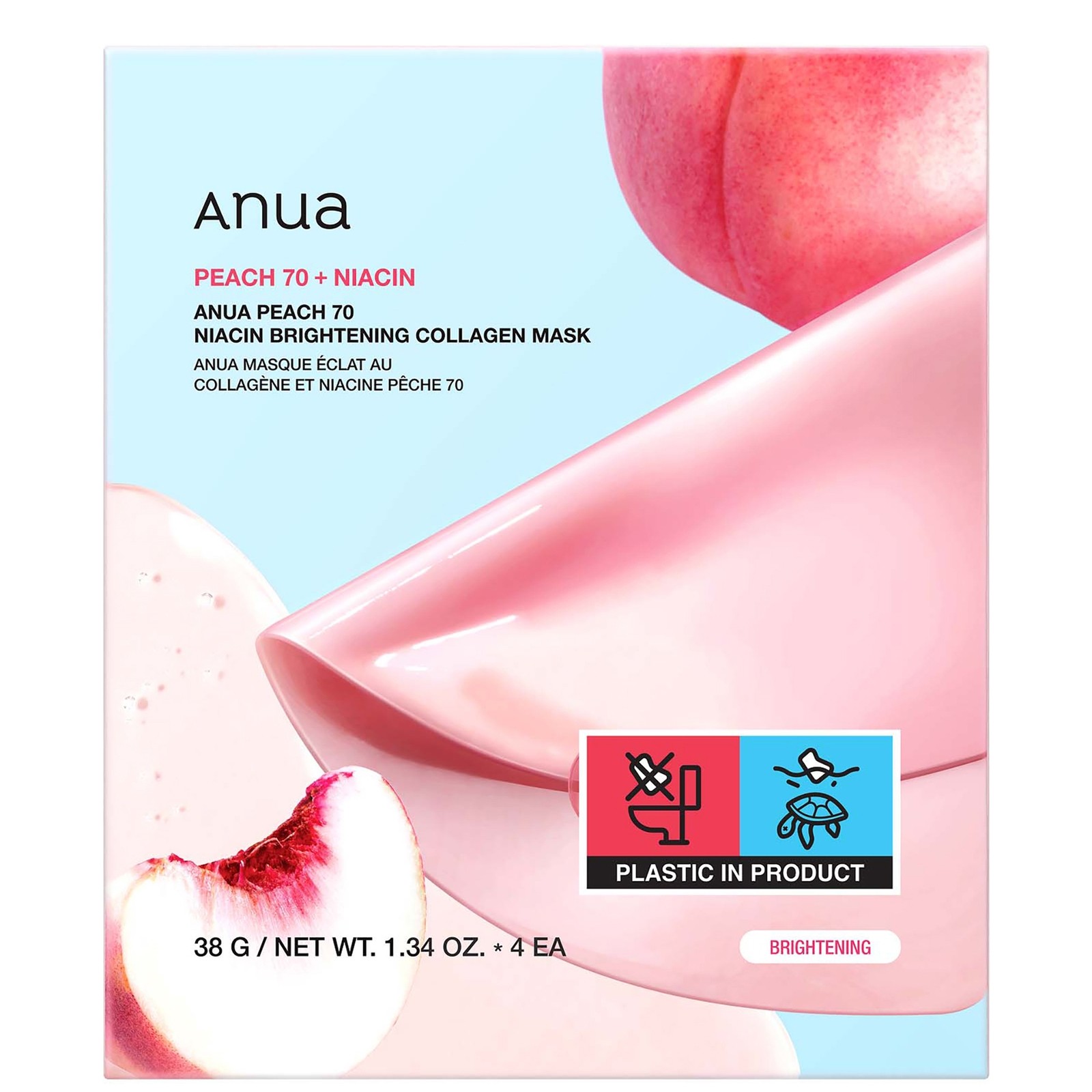 Peach-colored packaging featuring the Anua logo, with illustrations of peaches and a brightening mask, highlighting "Niacin" and "Collagen" benefits, contains four sheets.