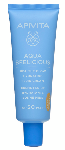 Light blue tube of APIVITA Aqua Beelicious Bonne Mine Moisturizing Fluid Cream SPF30, featuring white text and a gold accent, with a capacity of 40ml.