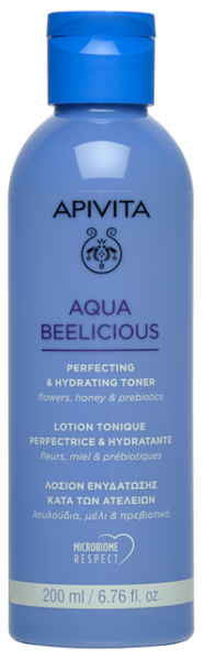 Light blue bottle of Apivita Aqua Beelicious Hydrating Facial Toner, 200ml, featuring a sleek design with black text and a bee logo, emphasizing hydration with flowers, honey, and prebiotics.