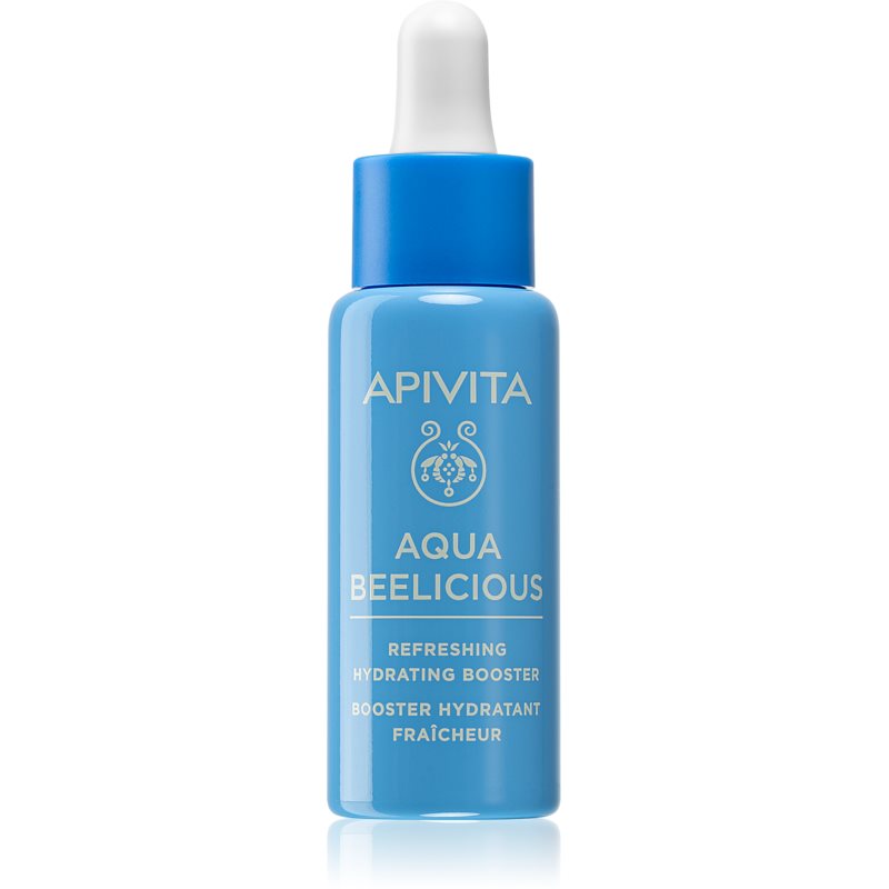 Light blue glass bottle with a dropper, labeled "APIVITA Aqua Beelicious Refreshing Hydrating Booster," featuring white text and a simple, elegant design.