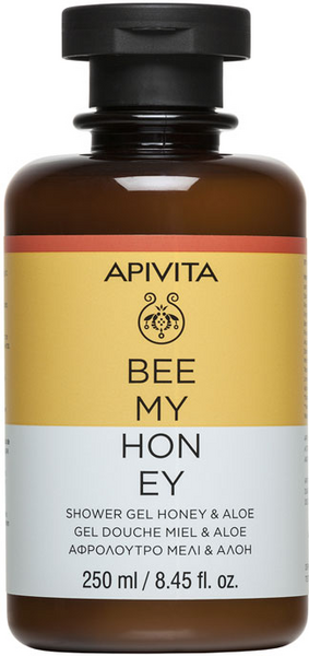 Brown glass bottle with a black cap, labeled "APIVITA BEE MY HONEY" in yellow and white, featuring honey and aloe as key ingredients, 250ml size.
