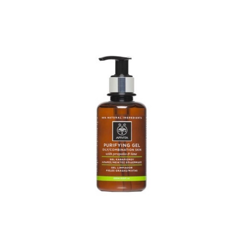 Brown glass bottle with a black pump dispenser, labeled "Apivita Propolis and Lima Cleansing Gel 200ml," featuring a green accent and botanical illustrations.