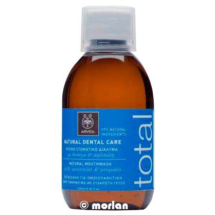 Brown liquid mouthwash in a clear plastic bottle with a blue cap, labeled "total" in white text, featuring the APIVITA logo and details about natural ingredients.