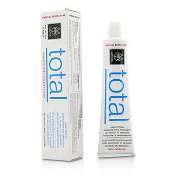 Total Protection Toothpaste by APIVITA features a sleek white tube with blue lettering, highlighting "total," alongside a white box with similar branding and natural care information.