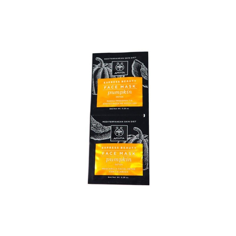 Two sachets of APIVITA Express Detox Face Mask in Pumpkin, featuring a black background with orange and white text, highlighting Mediterranean skincare benefits. Each sachet contains 8ml.