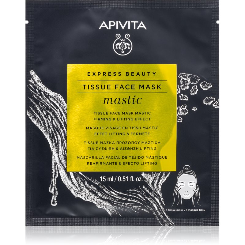 Black and gold packaging featuring the APIVITA logo, with a detailed illustration of mastic and text highlighting the firming and smoothing effects of the 15ml tissue face mask.