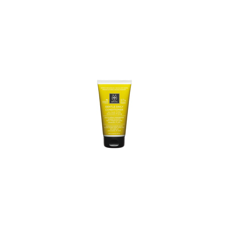 Yellow squeeze tube of APIVITA Gentle Conditioner for Daily Use, featuring chamomile and honey, with black cap and detailed white label text.