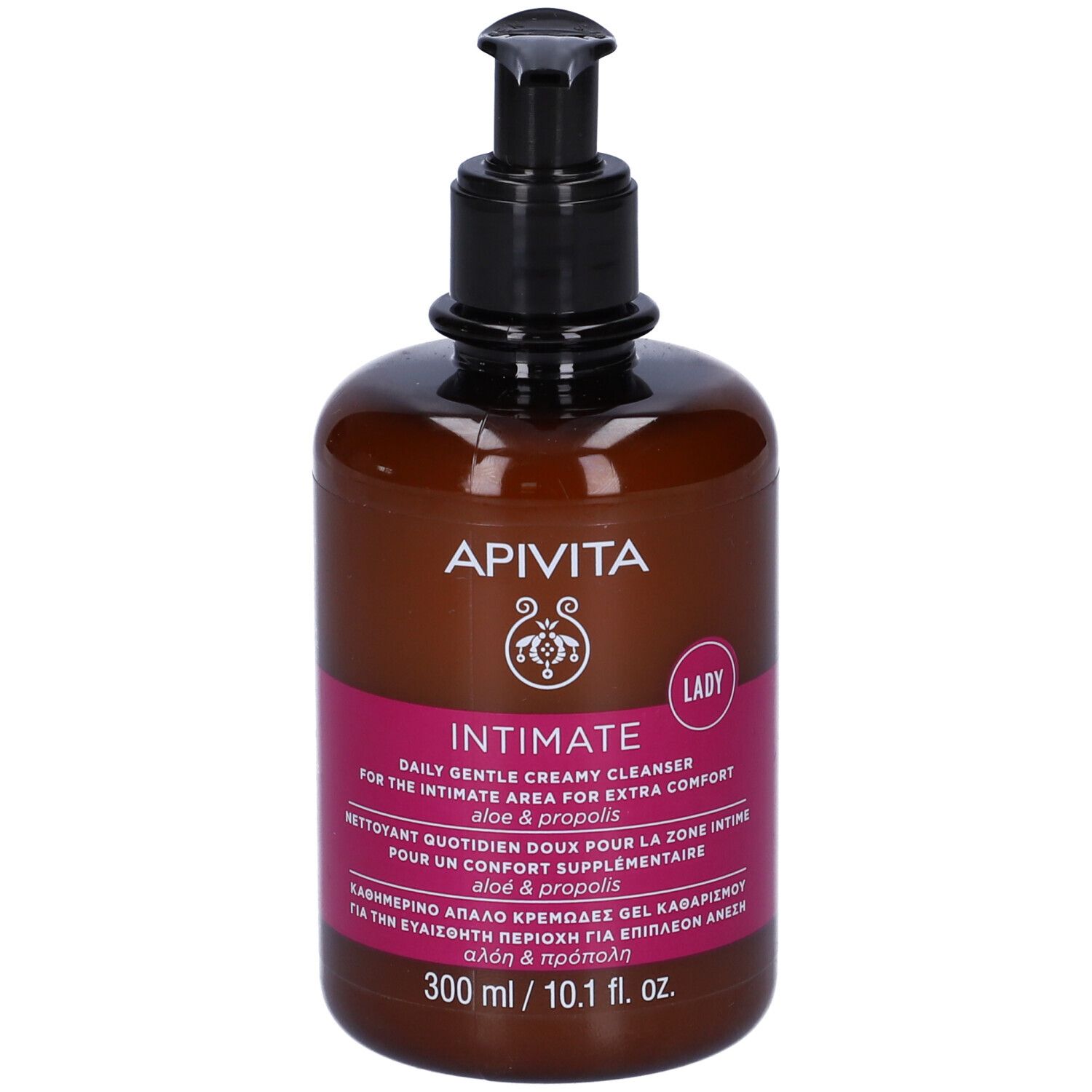 APIVITA Intimate Lady Creamy Cleanser in a 300 ml brown plastic bottle with a black pump dispenser, featuring white text and a floral design, suitable for daily feminine hygiene.