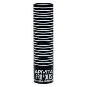 Black and white striped lip care tube labeled "APIVITA PROPOLIS," featuring a sleek design, with a capacity of 4.4g/0.15OZ, suitable for women.