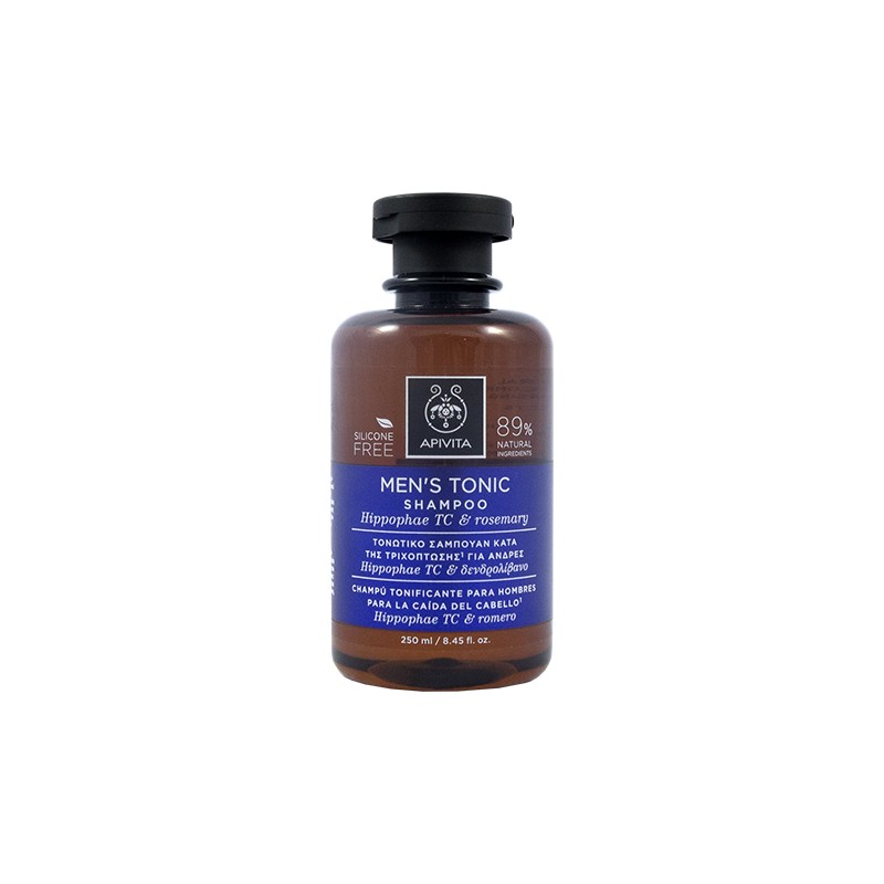 Brown glass bottle of APIVITA Men's Tonic Shampoo, 250 ml, featuring a dark blue label with white text, highlighting its silicone-free formula and key ingredients.
