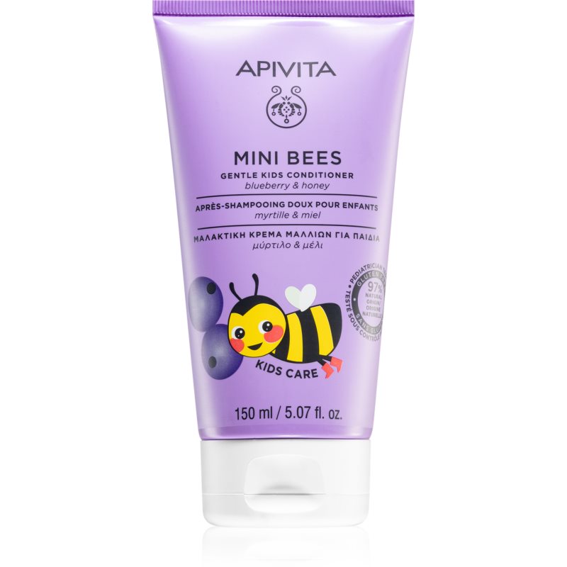 Purple tube of APIVITA Mini Bees Gentle Kids Conditioner, featuring a playful bee graphic and blueberries, labeled for children, 150 ml size.