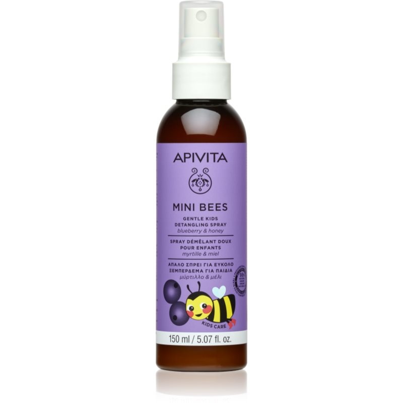 Brown spray bottle with a purple label featuring a cartoon bee and blueberries, labeled "APIVITA Mini Bees Gentle Kids Detangling Spray" in English and Greek, 150 ml.