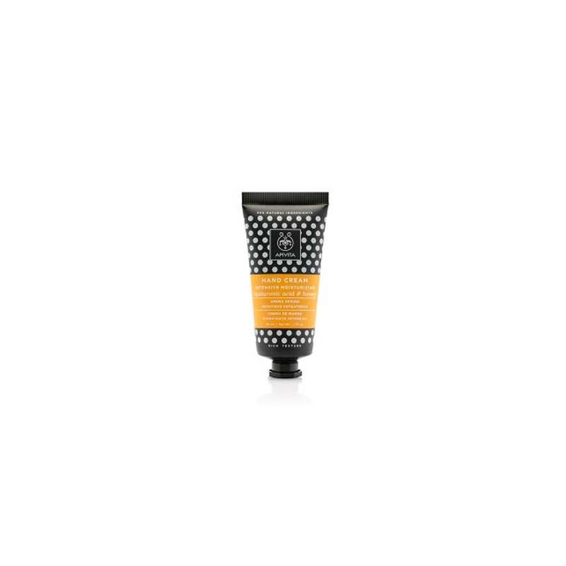 Black tube with polka dots, orange label reading "Hand Cream," featuring "Intensive Moisturizing" and "Hyaluronic Acid & Honey," 1.72 oz size, rich texture.