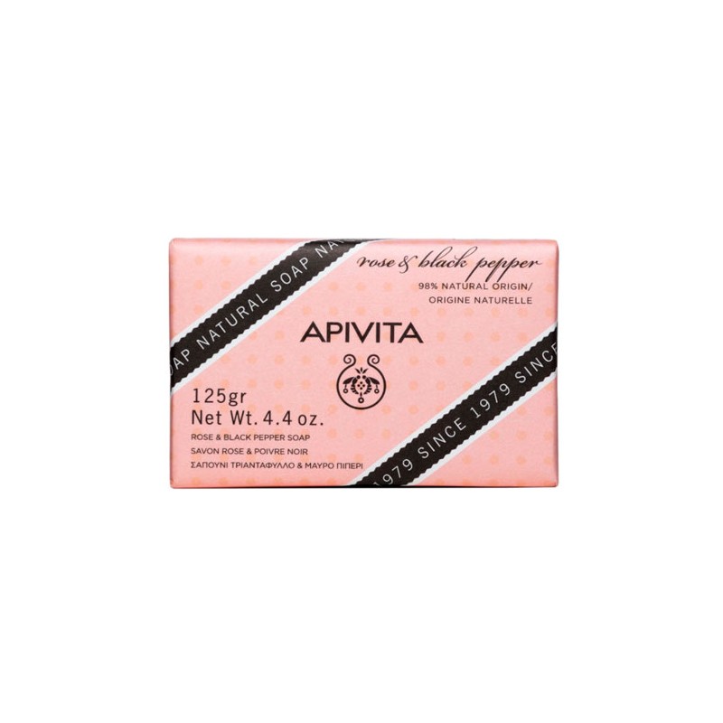 Solid cleansing soap bar in a pink wrapper featuring black accents, labeled "APIVITA," with details about rose and black pepper, weighing 125 grams.