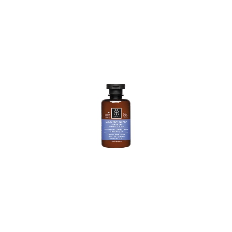 Brown glass bottle of APIVITA shampoo labeled "Sensitive Scalp" with lavender and honey, featuring a black screw cap and a blue and white label design.