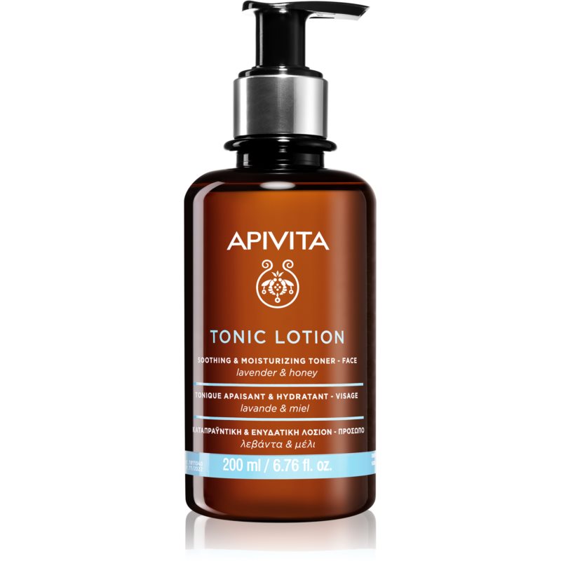 Brown glass bottle with a black pump top, labeled "APIVITA Tonic Soothing and Moisturizing Tonic," featuring lavender and honey ingredients, 200ml size.