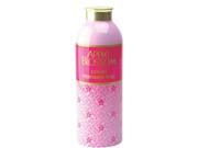 Pink cylindrical container of Apple Blossom Perfumed Talc, featuring a gold cap and decorative floral pattern, labeled in elegant pink and gold text.