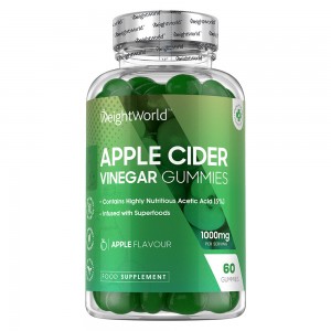 Clear plastic bottle containing green apple cider vinegar gummies, labeled "WeightWorld Apple Cider Vinegar Gummies 1000mg," with nutritional information and a green cap.