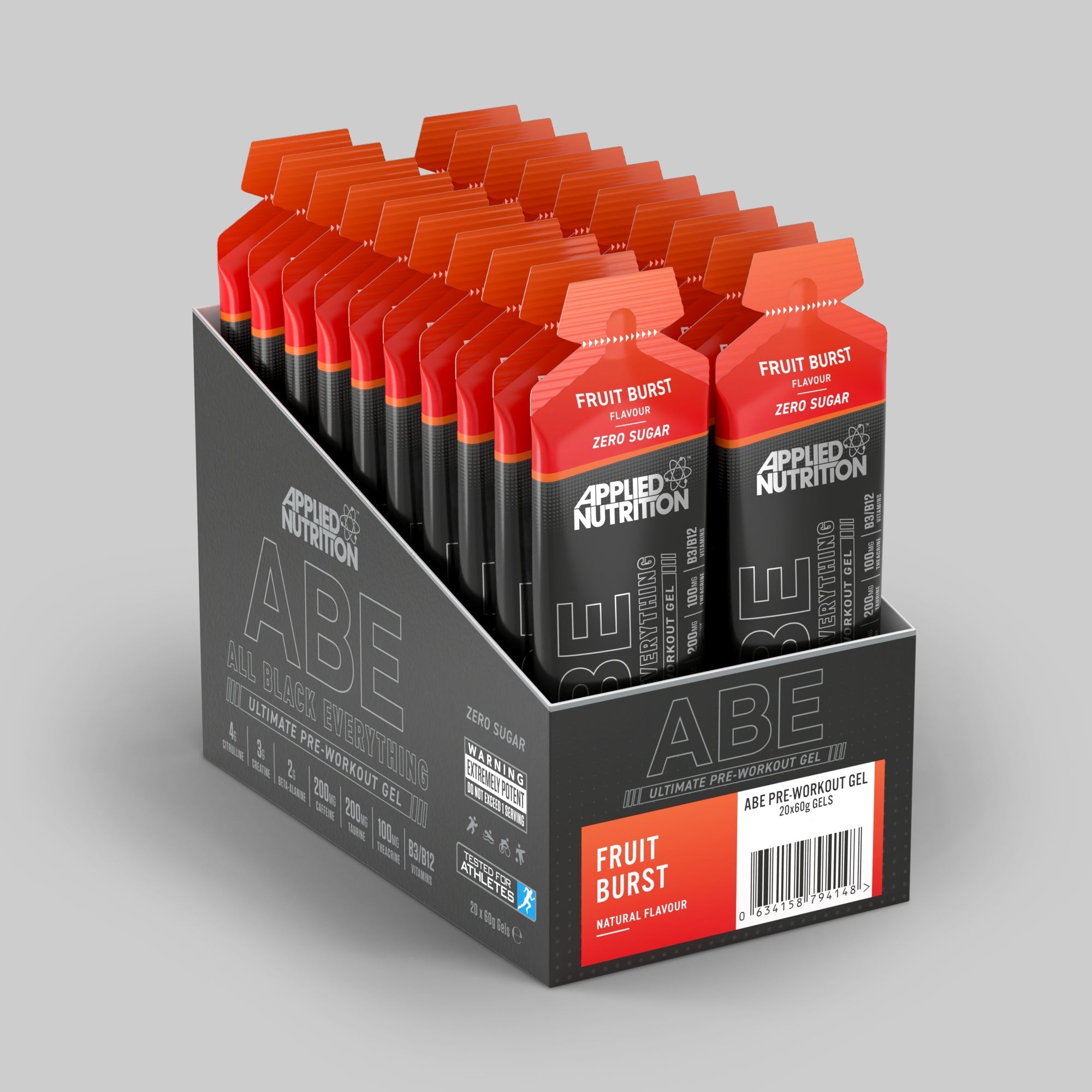 Twenty packets of Applied Nutrition ABE Pre Workout Gel in a display box, featuring a vibrant red top, black base, and labeled "Fruit Burst" with "Zero Sugar" highlighted.