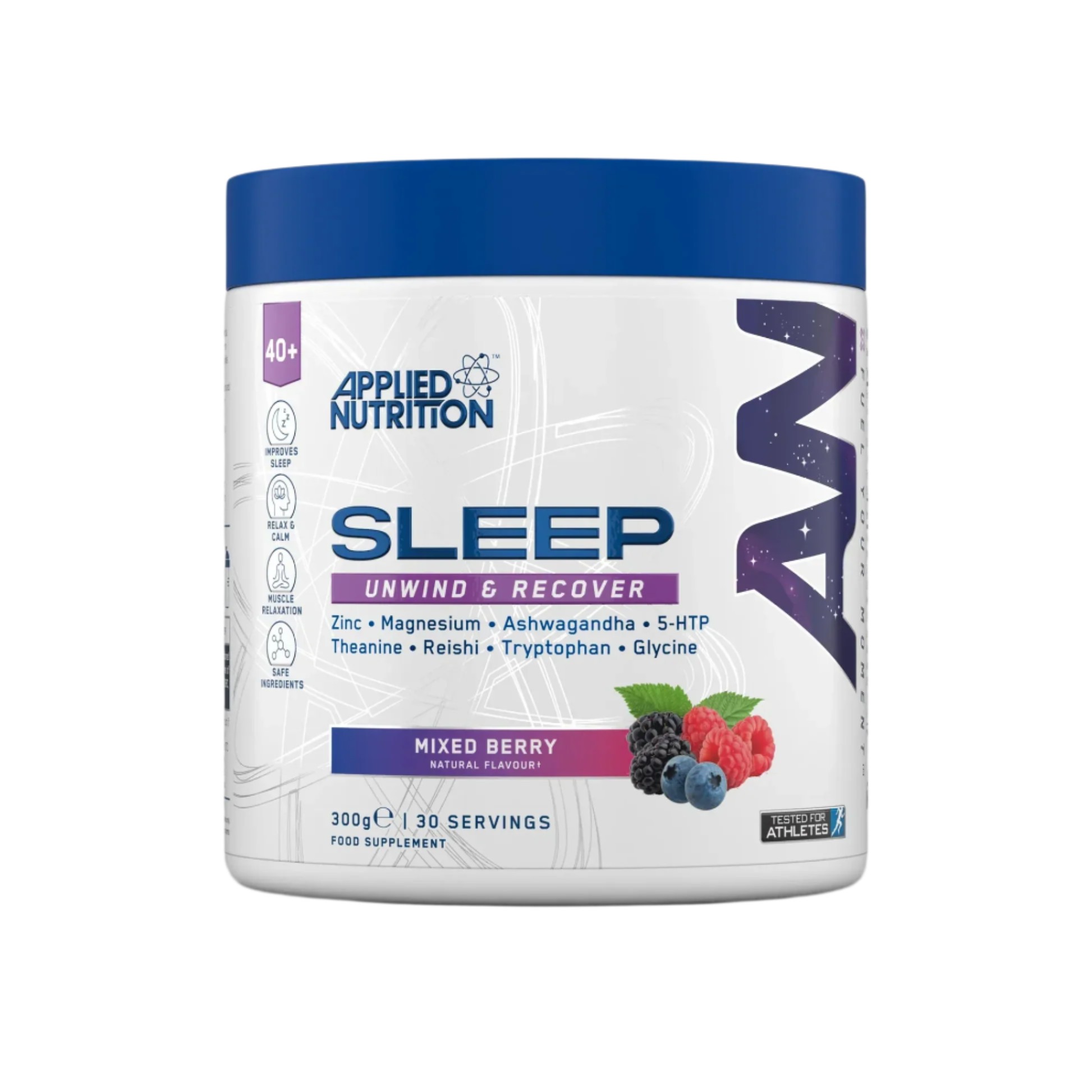 White container with a blue lid labeled "Applied Nutrition Agewell 40+ Sleep" in bold letters, featuring mixed berry graphics and nutritional information, 300g, 30 servings.