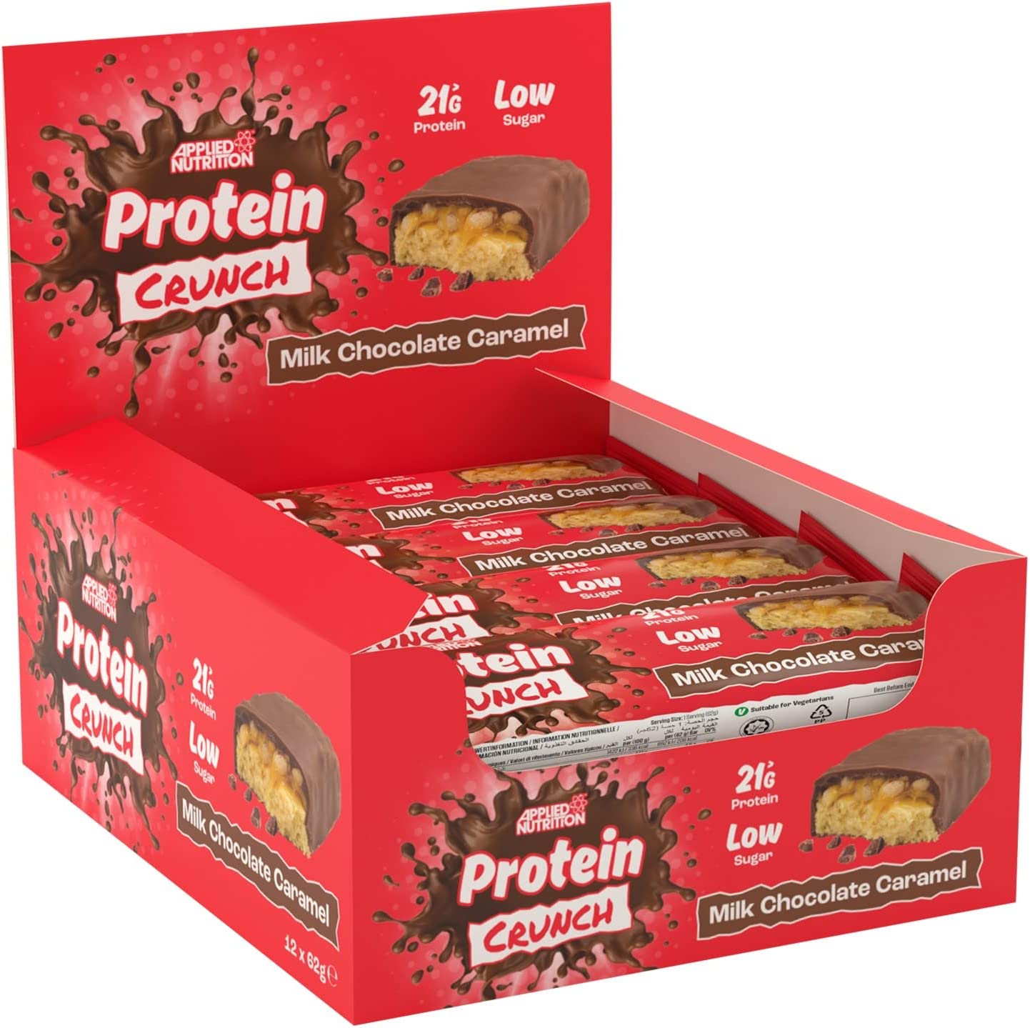Red display box containing Applied Nutrition Protein Crunch Bars, featuring milk chocolate caramel flavor, with 21g protein and low sugar, each bar wrapped in red packaging.