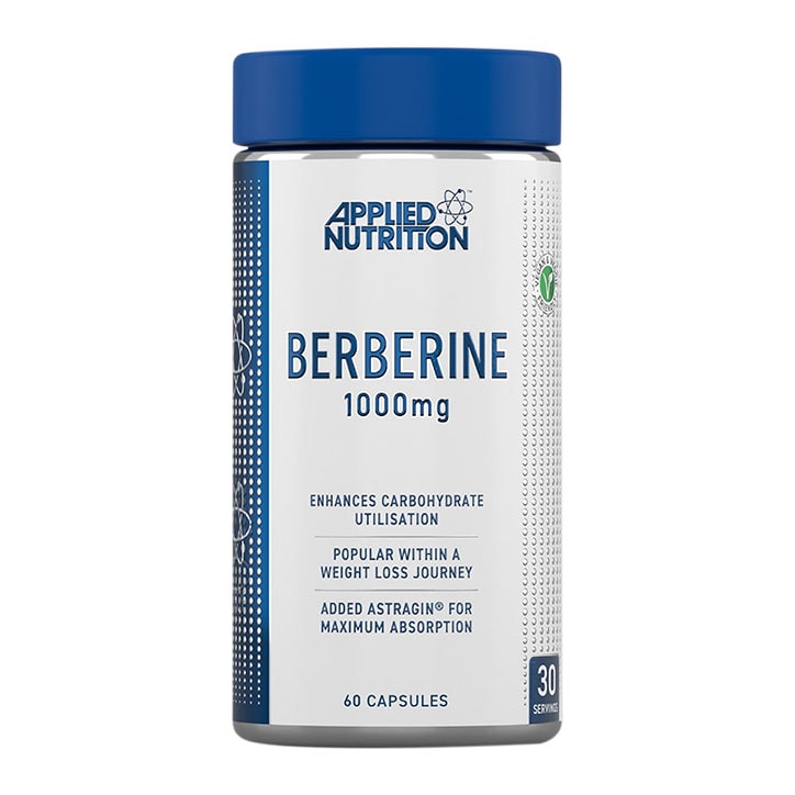 Blue and silver bottle of Applied Nutrition Berberine capsules, featuring a white label with black text, indicating 1000mg per serving and 60 capsules total.
