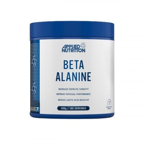 Blue container of Applied Nutrition Beta-Alanine with a white label, featuring text about increasing exercise capacity and reducing lactic acid build-up, containing 300g for 100 servings.