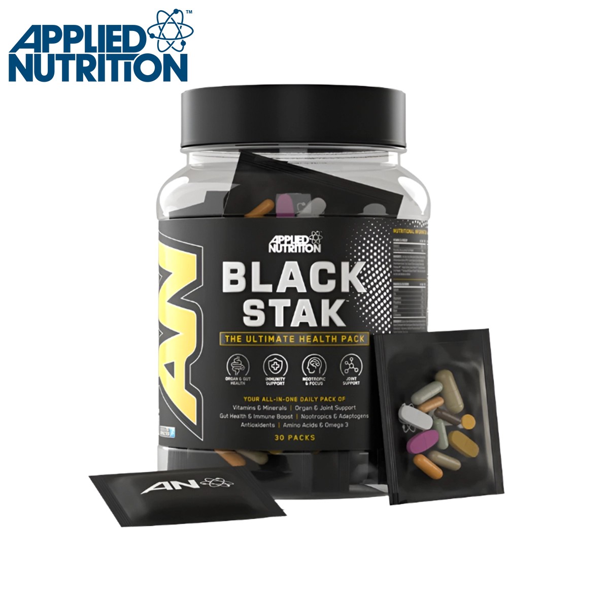 Clear plastic jar containing 30 sachets of multivitamins, featuring various colored capsules and tablets, labeled "Applied Nutrition Black Stak" with a black and blue design.