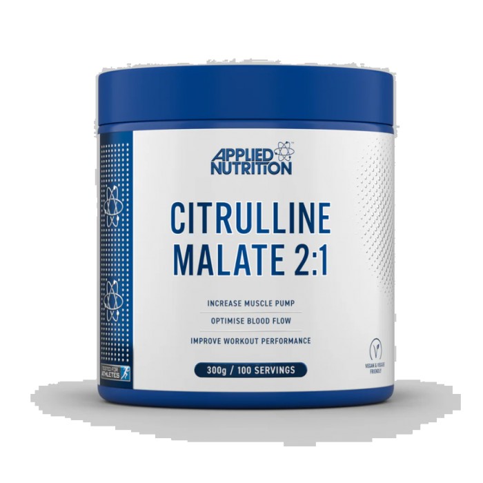 Blue and white container of Applied Nutrition Citrulline Malate, featuring a clear label with product details, 300g size, and claims to increase muscle pump and optimize blood flow.