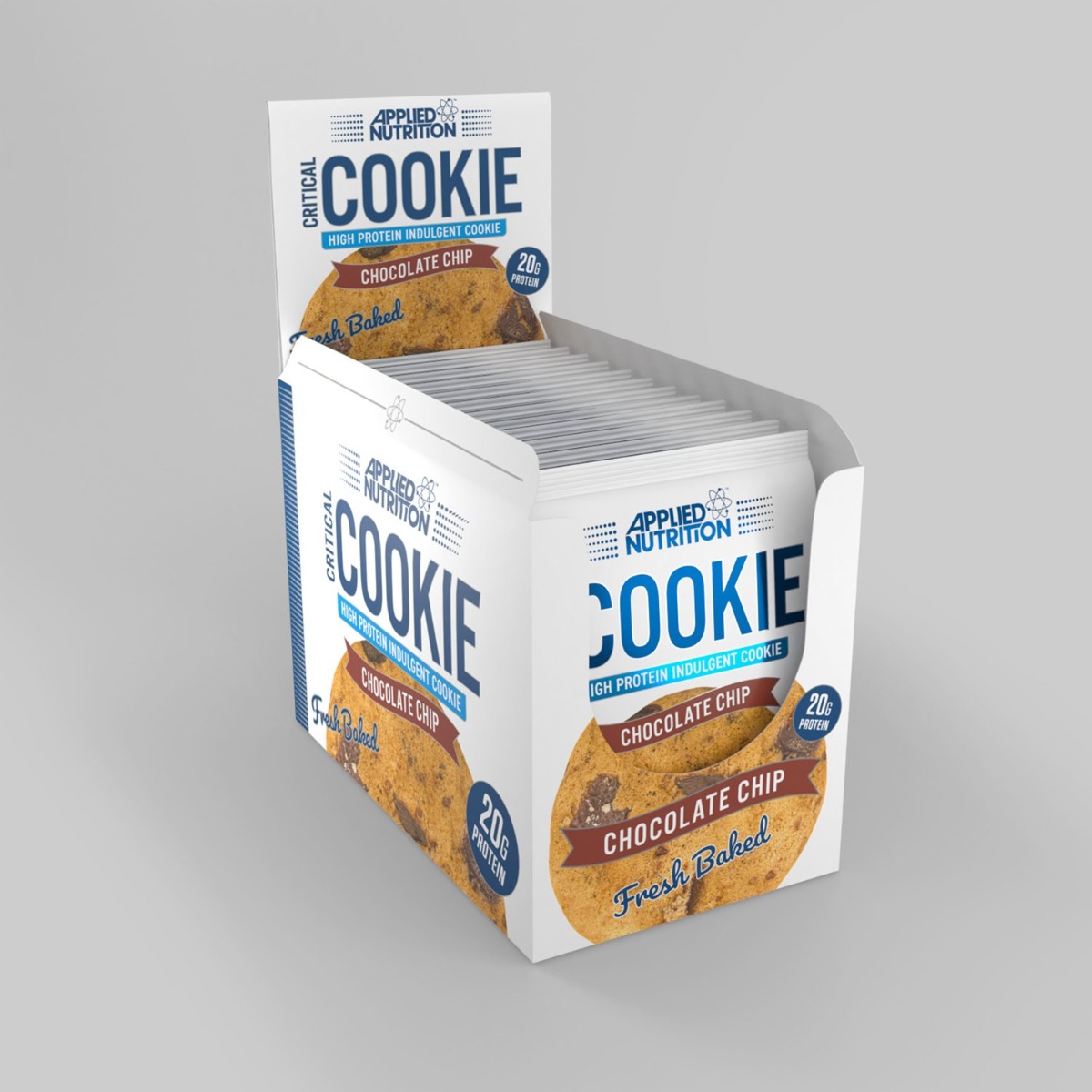 A box of Applied Nutrition Critical Cookies in Chocolate Chip flavor, featuring 12 individually wrapped 85g cookies, with a light blue and white design highlighting high protein content.