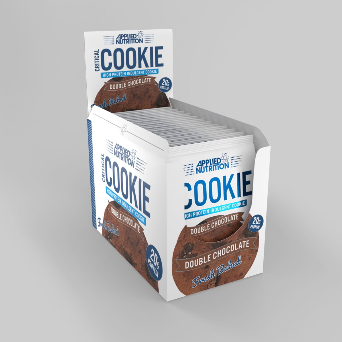 Box of Applied Nutrition Critical Cookies in Double Chocolate flavor, featuring 12 individually wrapped 85g cookies, highlighting high protein content and fresh baked appeal.