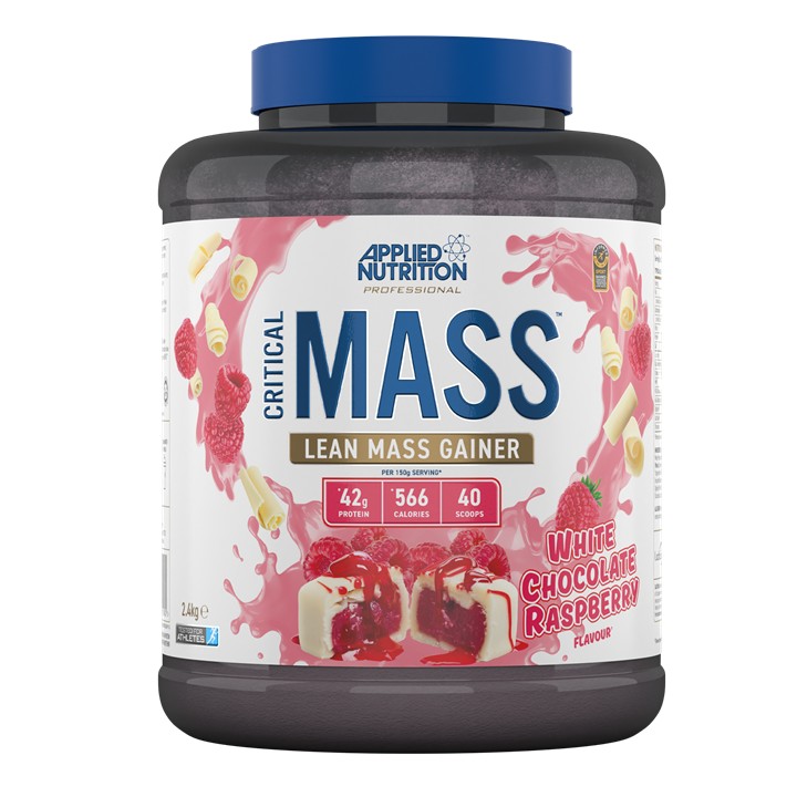 Black plastic container with a blue lid, labeled "CRITICAL MASS" in bold blue letters, featuring white chocolate raspberry flavor details and nutritional information on a colorful background.