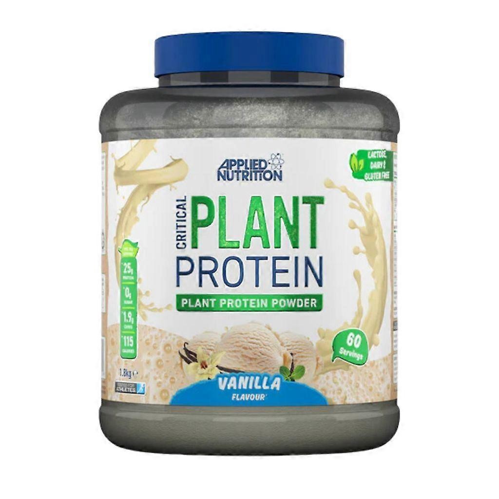 Container of Applied Nutrition Critical Plant Protein in vanilla flavor, featuring a grey plastic tub with a blue lid, labeled with nutritional information and serving details.