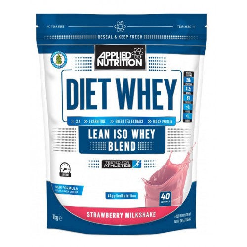 Blue and white resealable bag of Applied Nutrition Diet Whey, featuring a pink strawberry milkshake graphic, highlighting key ingredients and nutritional information on the front.