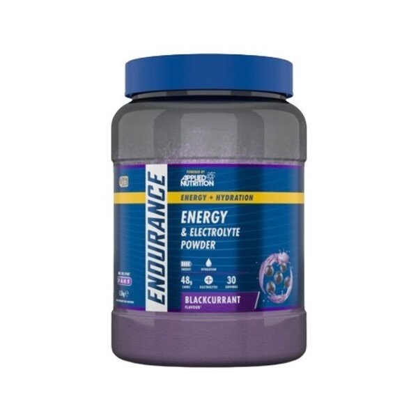 Applied Nutrition Endurance Energy & Hydration Powder in a 1.5kg clear container, featuring a blue lid, vibrant packaging with blackcurrant flavor, and details on energy and electrolyte benefits.