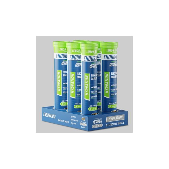 Six tubes of Applied Nutrition Effervescent Electrolyte Tablets in a blue display box, featuring a vibrant green cap and a lemon flavor label, each tube contains 20 tablets.