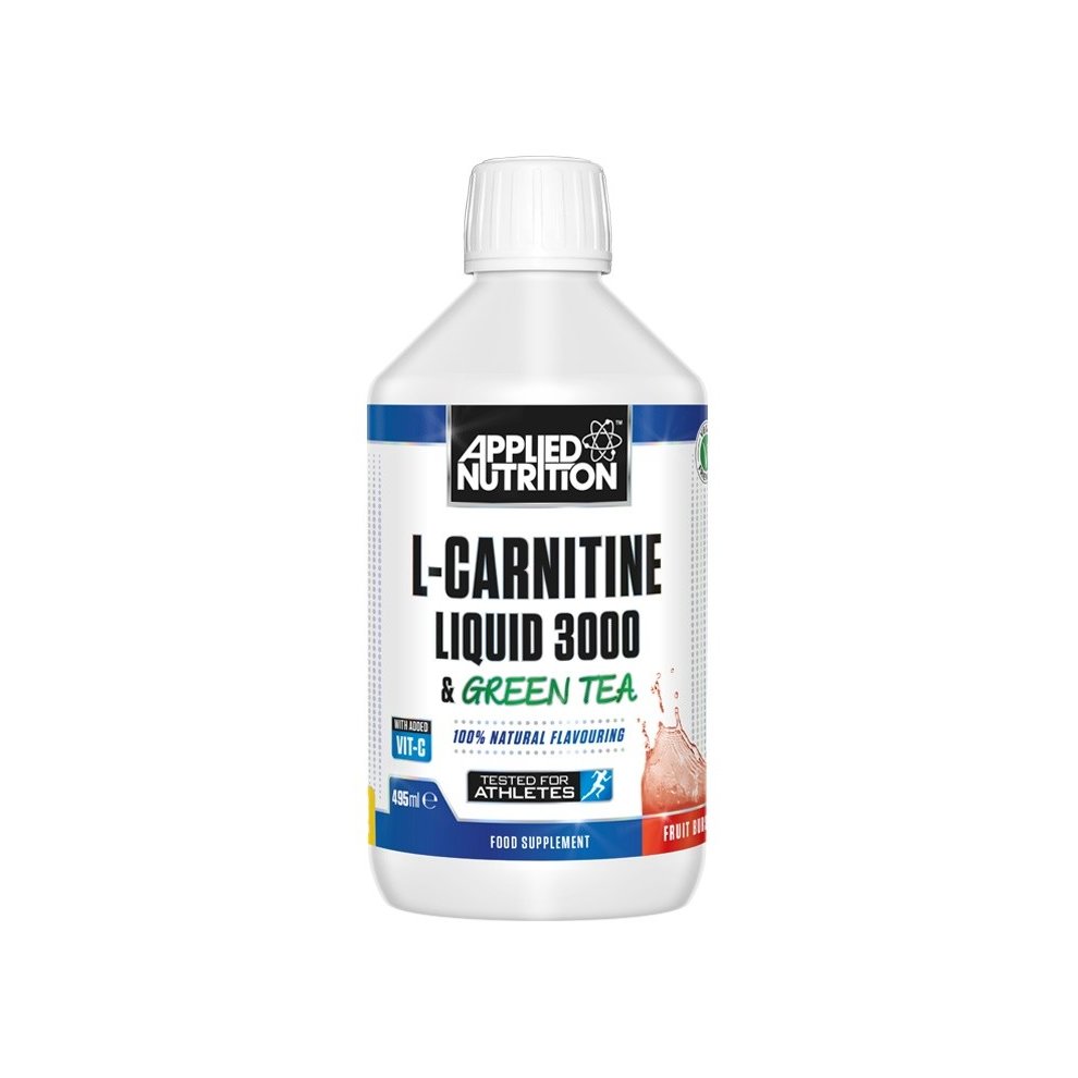 White plastic bottle with a blue and green label, featuring "Applied Nutrition L-Carnitine 3000 Liquid" text, 480ml capacity, and a fruit burst flavor indication.