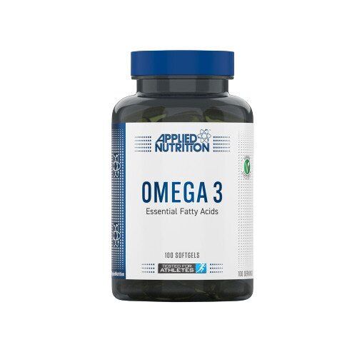 Black bottle with a blue lid labeled "Applied Nutrition Omega 3" featuring a white background, containing 100 softgel capsules, emphasizing essential fatty acids for athletes.