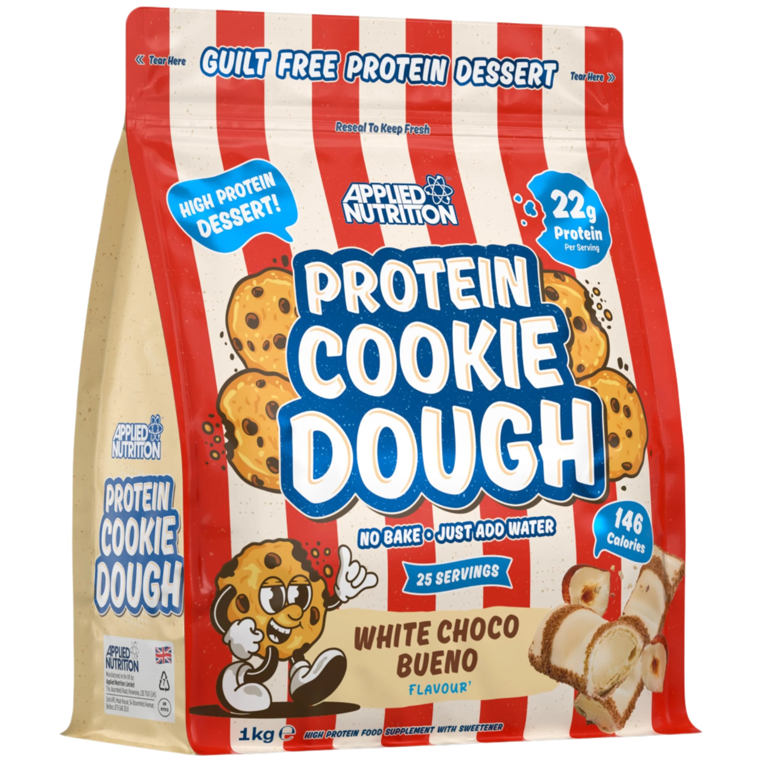 Applied Nutrition Protein Cookie Dough 1kg in a colorful bag, featuring white chocolate flavor, with 22g protein per serving and 146 calories, highlighted by cookie graphics.