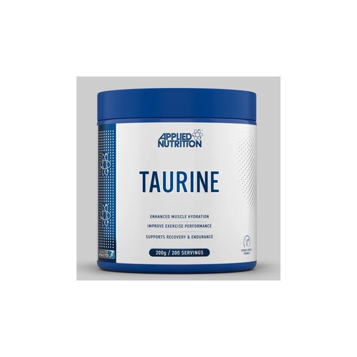 Blue and white container of "Applied Nutrition Taurine," featuring a textured design, labeled with product details, emphasizing enhanced muscle hydration and recovery support.