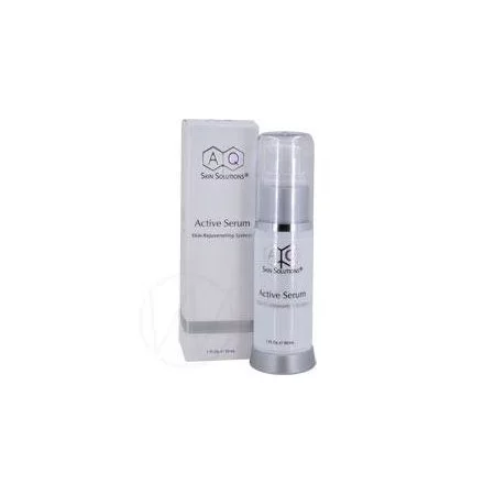 Clear glass bottle with a silver pump dispenser, labeled "AQ Skin Solutions GF Active Serum," alongside a sleek white box featuring the brand logo.