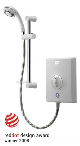 White electric shower unit with a sleek design, featuring a round control dial, chrome showerhead, and adjustable wall mount, accompanied by a red dot design award logo.